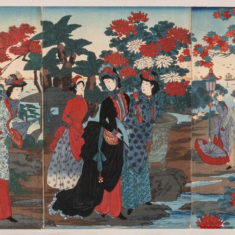 Color woodblock depicting people engaged in a contest contest of enlightened fashion.