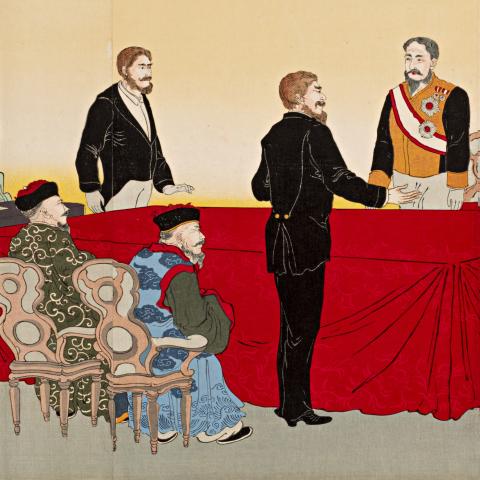 Print showing Japanese and Chinese diplomatic delegations around a table.