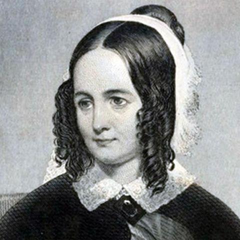 Black-and-white portrait illustration of a 19th-century individual with center-parted hair styled in ringlets, wearing a dark dress with a lace collar and a light head covering.