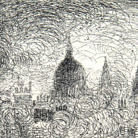 A line drawing of a city skyline. The skyline emerges through intricate, swirling lines and hatching, depicting numerous rooftops and prominent architectural features. The central dome, dark and rounded, stands against a backdrop of lighter swirling shapes that suggest a dynamic atmosphere. 