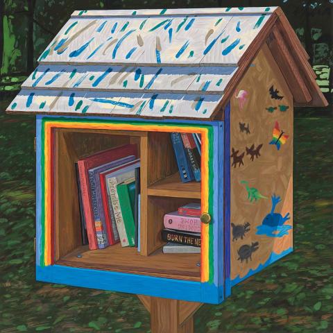 Painting of a small, house-shaped free library box filled with books, decorated with colorful trim and childlike drawings, set outdoors against a leafy background.