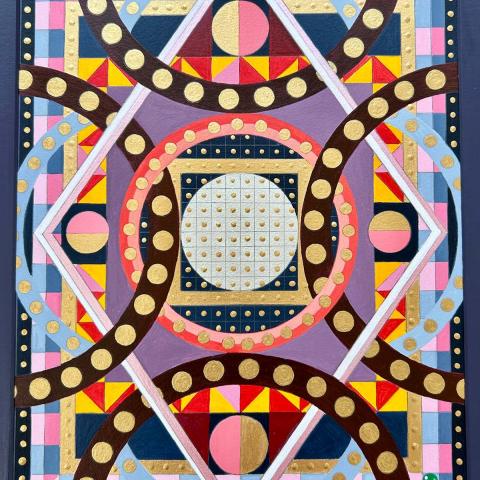 Colorful geometric abstract painting featuring layered circles, triangles, and grid patterns in pink, blue, red, and purple, with gold accents and dotted arcs radiating around a central circular form.