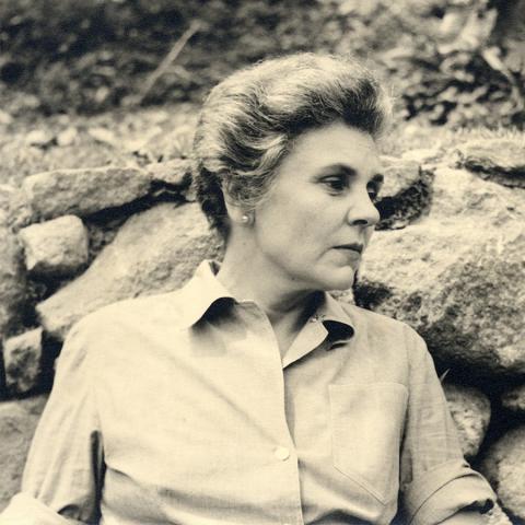 A person in profile leaning against a wall of rock.