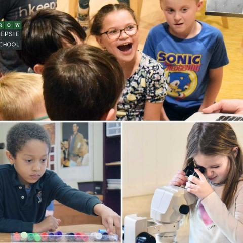 Photo collage of school age children participating in various classroom activities with a text overlay that reads: GR0W, POUGHKEEPSIE DAY SCHOOL, EST. 1934.