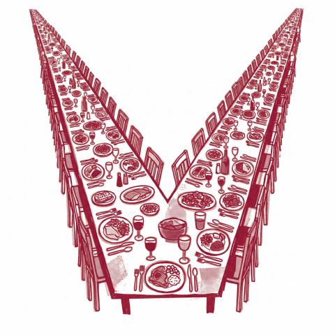 A burgundy line drawing features a long banquet table shaped like the letter V. The table is set with numerous plates of food, glasses, and cutlery, stretching into the distance. Empty chairs line both sides of the table against a plain white background.