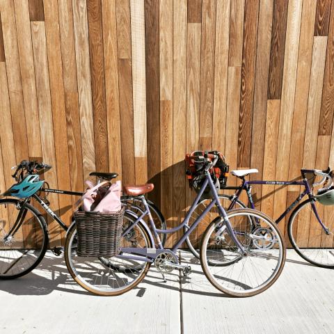 A series of bikes lines up against a wooden-slatted wall.
