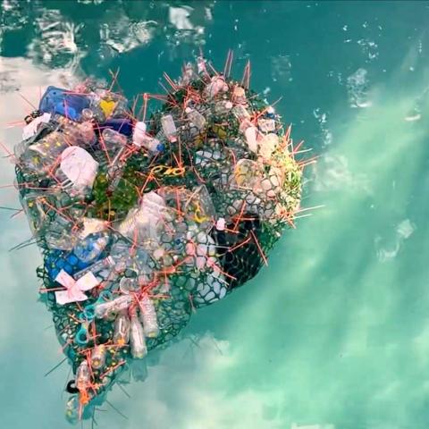 Heart Shaped artwork floating in a pool.