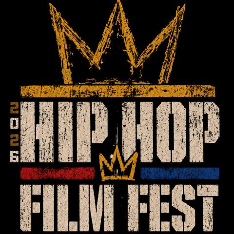 Hip Hop Film Fest logo featuring a large gold crown above distressed white block lettering on a black background. The design includes red and blue accent bars, a smaller gold crown, and a gritty urban aesthetic inspired by hip-hop culture and street art.