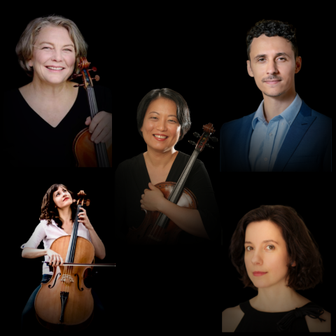 Five musicians, three holding string instruments, arranged against a black background.