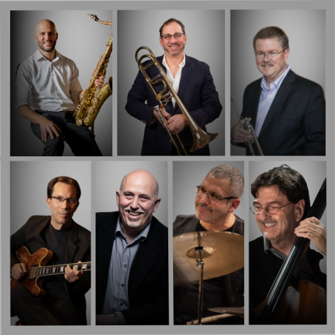 Collage of seven jazz musicians with saxophone, trombone, trumpet, guitar, drums, piano and double bass.