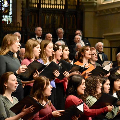 The Vassar College Choir and Vassar Treble Chorus perform together in concert.
