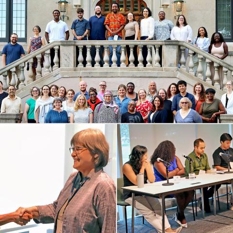 A collage featuring a group shot on the steps of Alumnae House and candid shots from the conference.