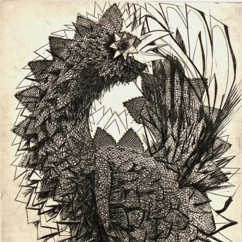 Print of a hen with stylized triangular feathers with the texture of lace.