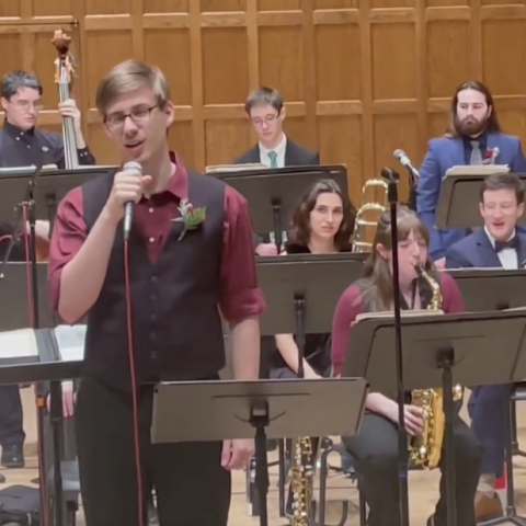 A student vocalist performs with the Vassar College Jazz Ensemble.