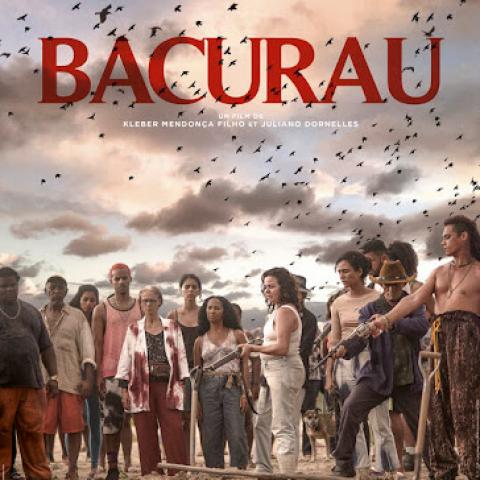 Illustrated Bacurau film poster featuring a group of characters, several holding weapons, beneath a sky filled with birds.