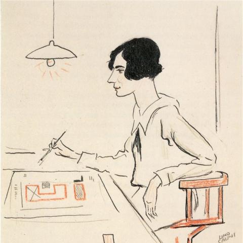 1927 sketch of Margarete Schütte-Lihotzky by Lino Salini. Black-and-white profile sketch of a seated person.