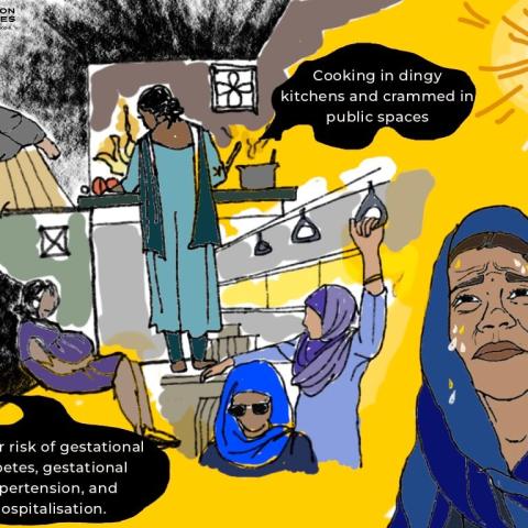 Illustrated graphic from Question of Cities about extreme heat and women's health. Scenes show a woman cooking over a stove and another riding crowded public transit under a blazing sun, with a text bubble reading "Cooking in dingy kitchens and crammed in public spaces." Below, a visibly distressed, sweating woman in a blue headscarf is pictured alongside a resting pregnant woman, with text stating: "Higher risk of gestational diabetes, gestational hypertension, and hospitalisation."