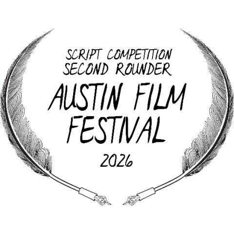 Austin Film Festival 2026 Script Competition Second Rounder graphic, framed by illustrated fountain pens forming a laurel shape.