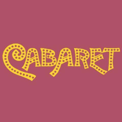 The word "CABARET" spelled out in yellow, marquee-style capital letters filled with dots, centered against a solid maroon background.
