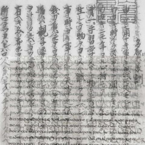 A grayscale visual overlay showing vertical lines of East Asian brush calligraphy layered on top of horizontal Latin manuscript script.
