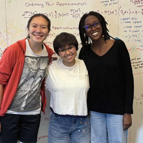 Three smiling people, arm in arm, standing if front of a white board with equations.