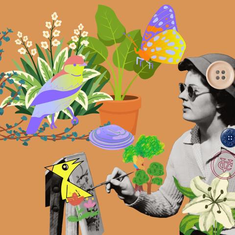 Digital art collage on a warm terracotta background featuring a monochrome photo of a woman in sunglasses painting a yellow bird at an easel. Brightly colored illustrations surround her, including a multi-toned bird in foliage, a potted plant, a patterned blue-and-yellow butterfly, a white lily, and oversized buttons.