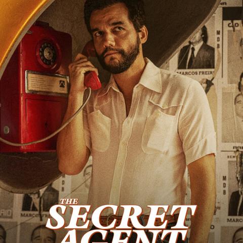 Movie poster of a person holding a payphone to their ear with text that reads: The Secret Agent, Neon.