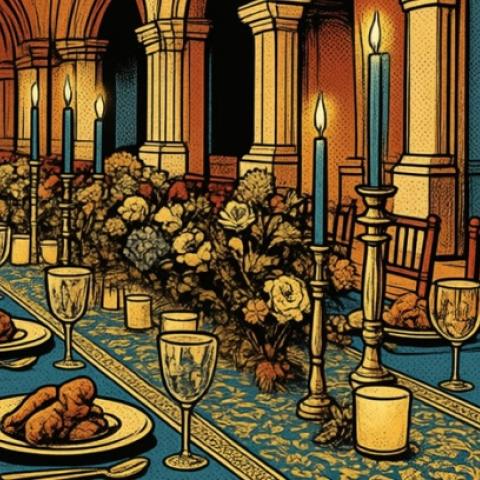 A colorful illustration of a long dining table set for dozens, in a grand hall.