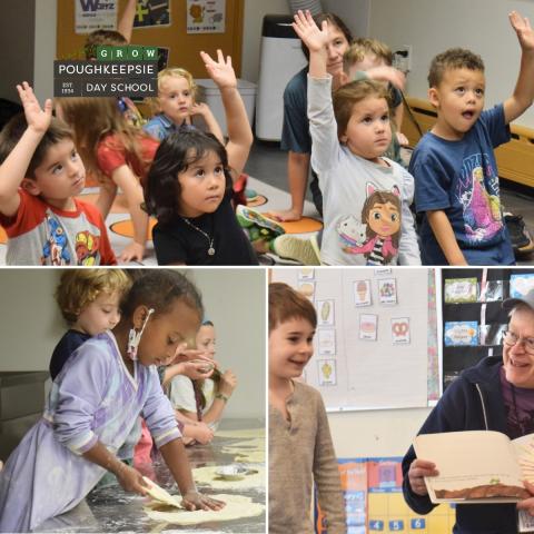 A grid of three photos that shows a group of children raising their hands, a child making food in a kitchen, and a child enjoying being read to.