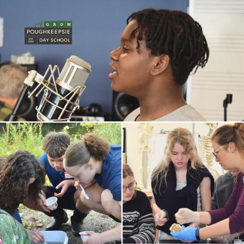 A grid of three photos that shows a child singing into a microphone, two children examining water samples at the Vassar Preserve, and a teacher showing two students the anatomy of a heart. 