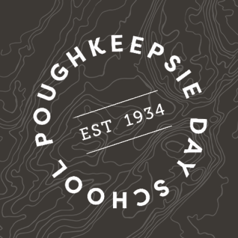 Logo with elevation lines in the background and text: Poughkeepsie Day School, Eet. 1931 in the foreground.