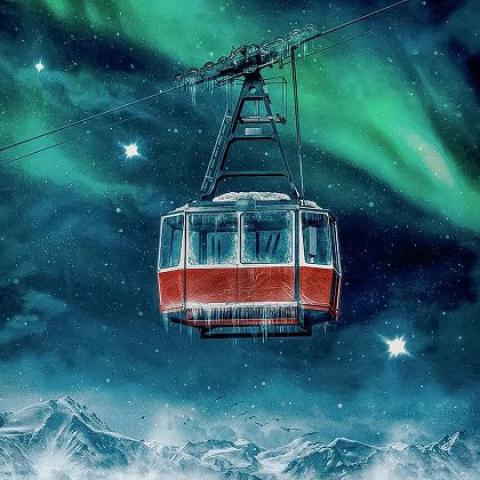 Illustrated red cable car suspended above snowy mountains beneath a starry sky and green northern lights, with the title “A Rare Grand Alignment.”