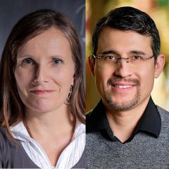 Diptych photo collage with headshot of two people.